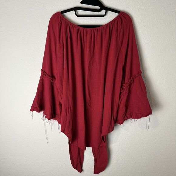 Umgee USA M Red Shirt Top Fringe Front Tie Linen Blend Boho Festival 211 - Picture 5 of 7